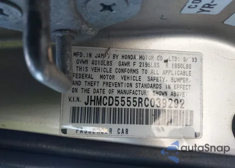 1994 Honda Accord Ex from USA, damaged, VIN JHMCD5555RC039292